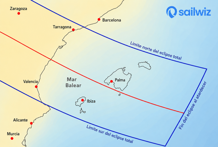 Vista del eclipse total por las Islas Balerares