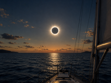 Goditi l'eclissi da una barca a vela nel delta dell'Ebro.