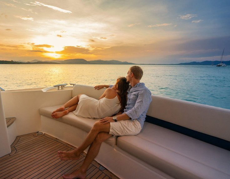 Coppia contemplando il tramonto a bordo di una barca a Barcellona