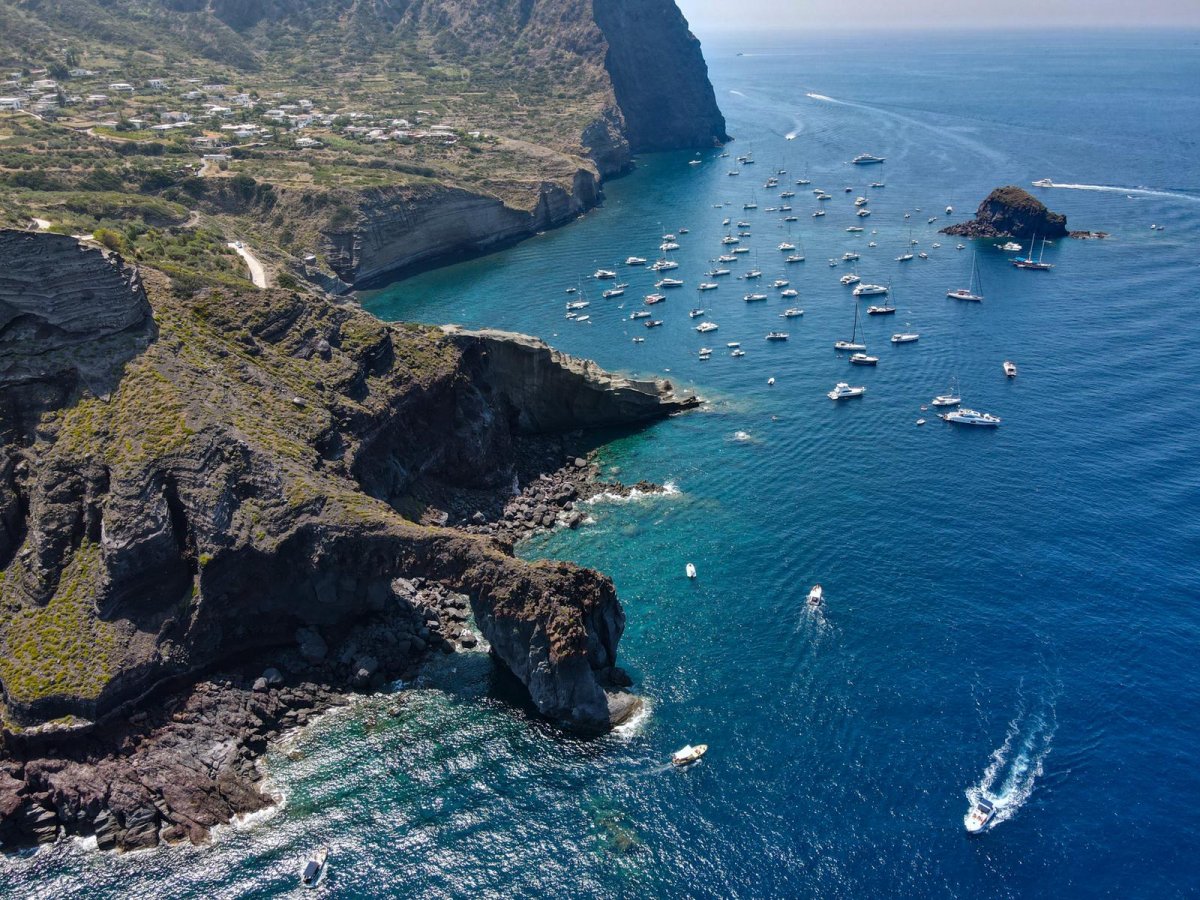 Flight above the Aeolian Islands on a catamaran