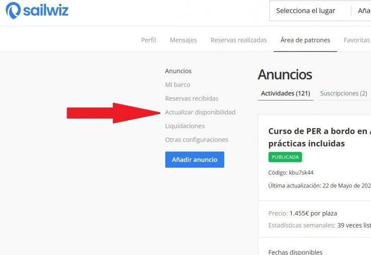 Desde tu Área de Patrones, puedes acceder a la pantalla de actualización de disponibilidad