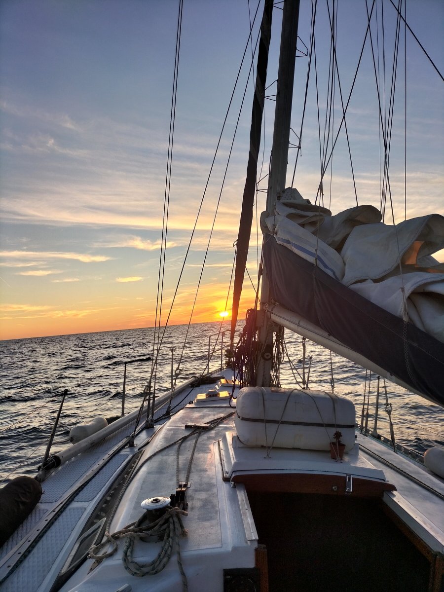 The sun reflecting on the sea while sailing on a sailboat